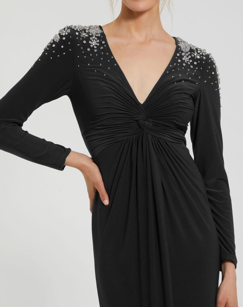 Mac Duggal 44063A Fitted Long Sleeve Formal Beaded Evening Dress