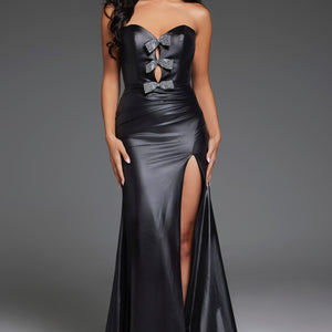 Pleather Fitted Strapless Slit Gown by Jovani 44295