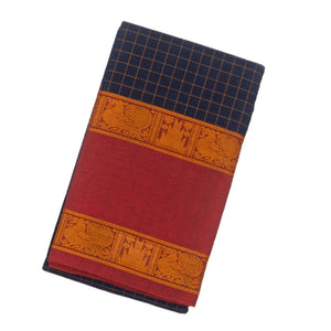 Navy Blue Handloom Kanchi Cotton Saree With Crimson Border