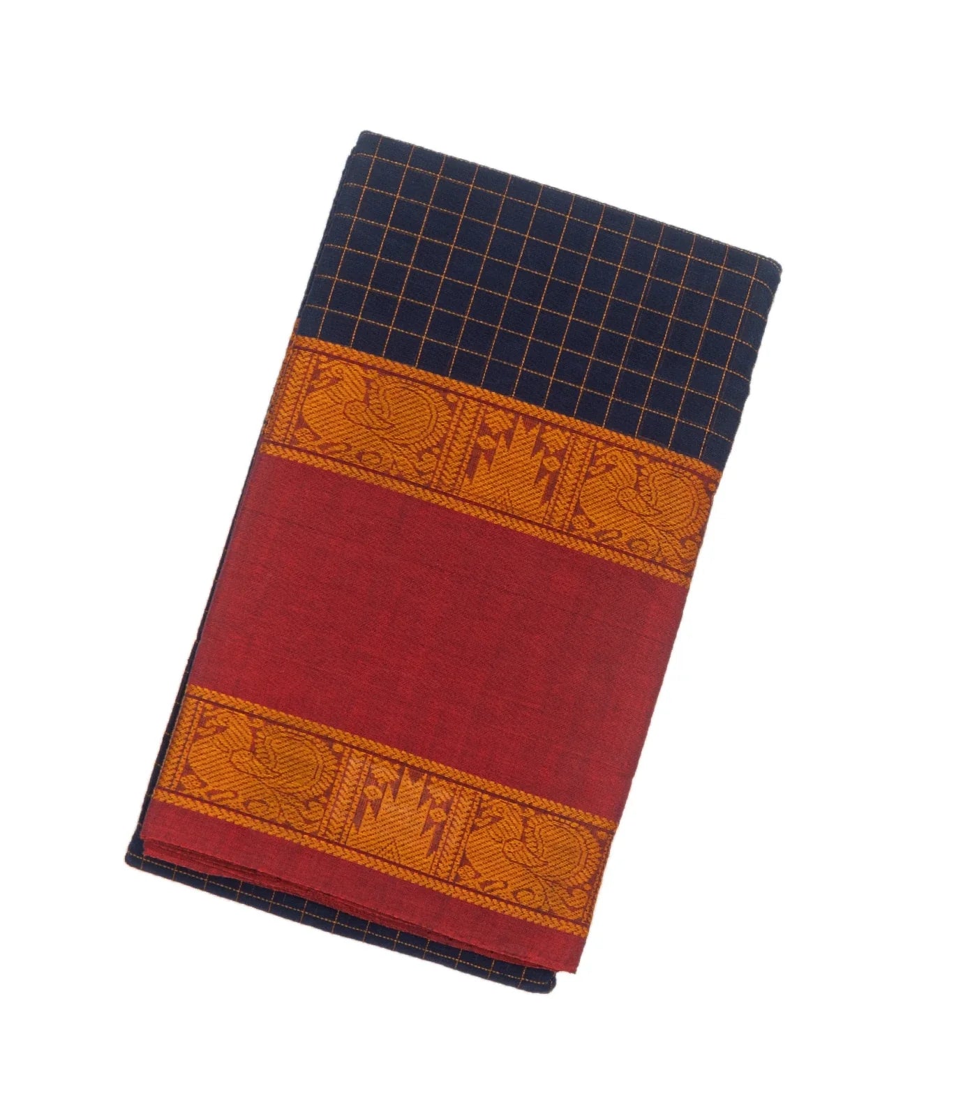 Navy Blue Handloom Kanchi Cotton Saree With Crimson Border
