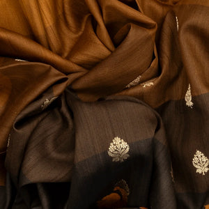 Black & Mustard Handloom Tussar Silk Saree With Floral  Motifs