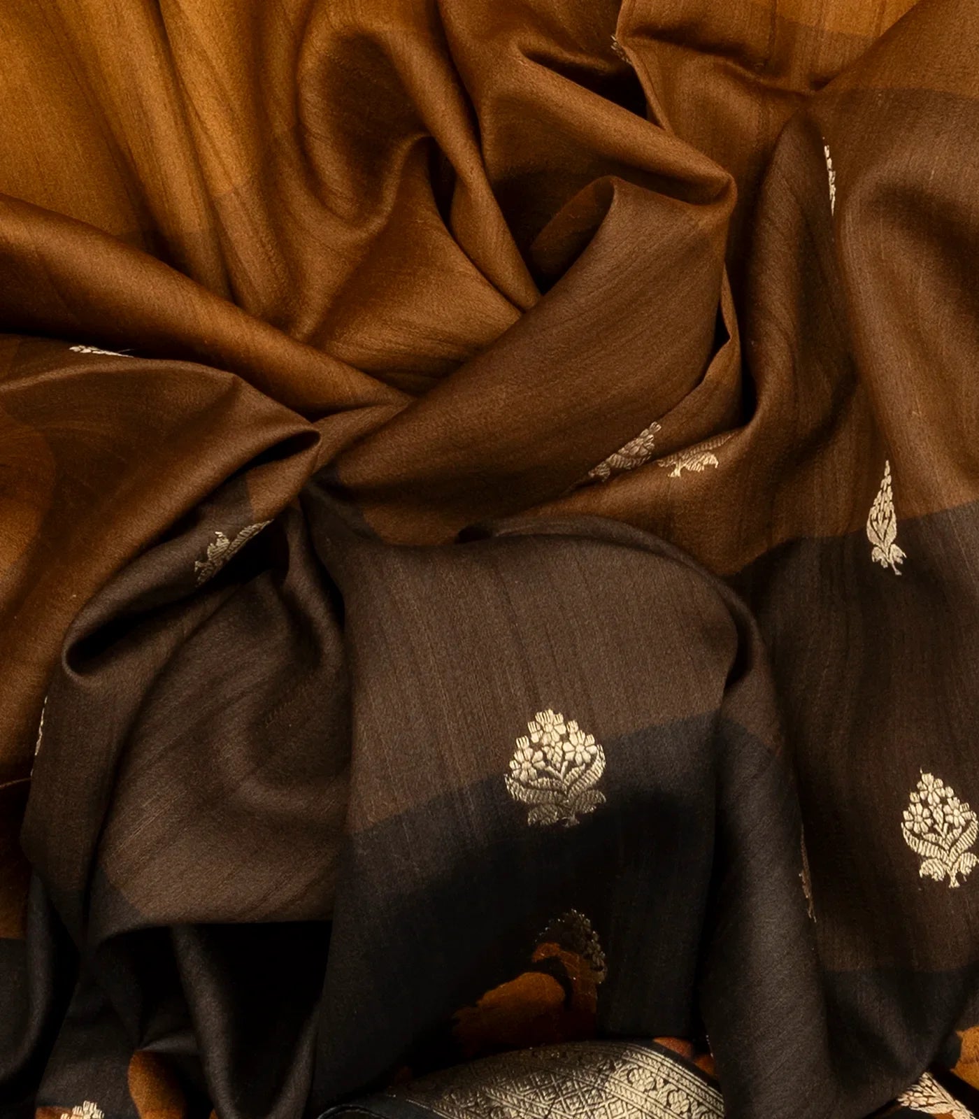 Black & Mustard Handloom Tussar Silk Saree With Floral  Motifs