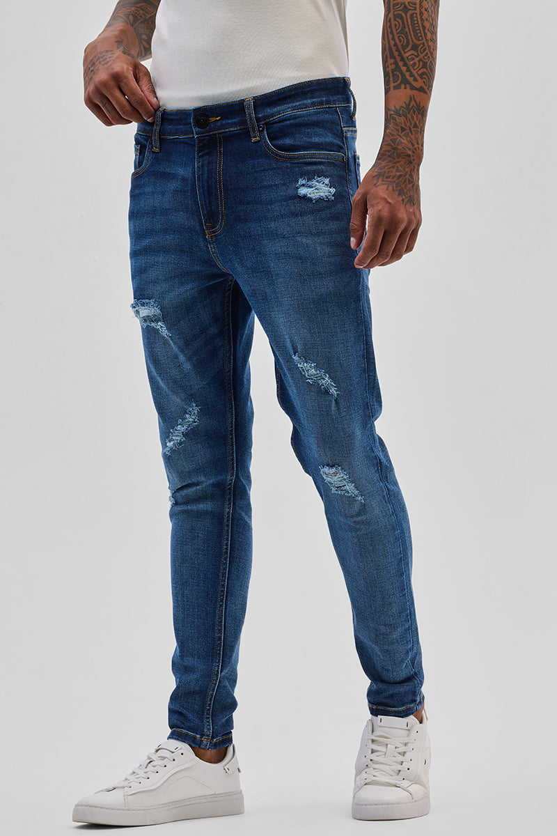 Dark Blue Distressed Skinny Fit Jeans