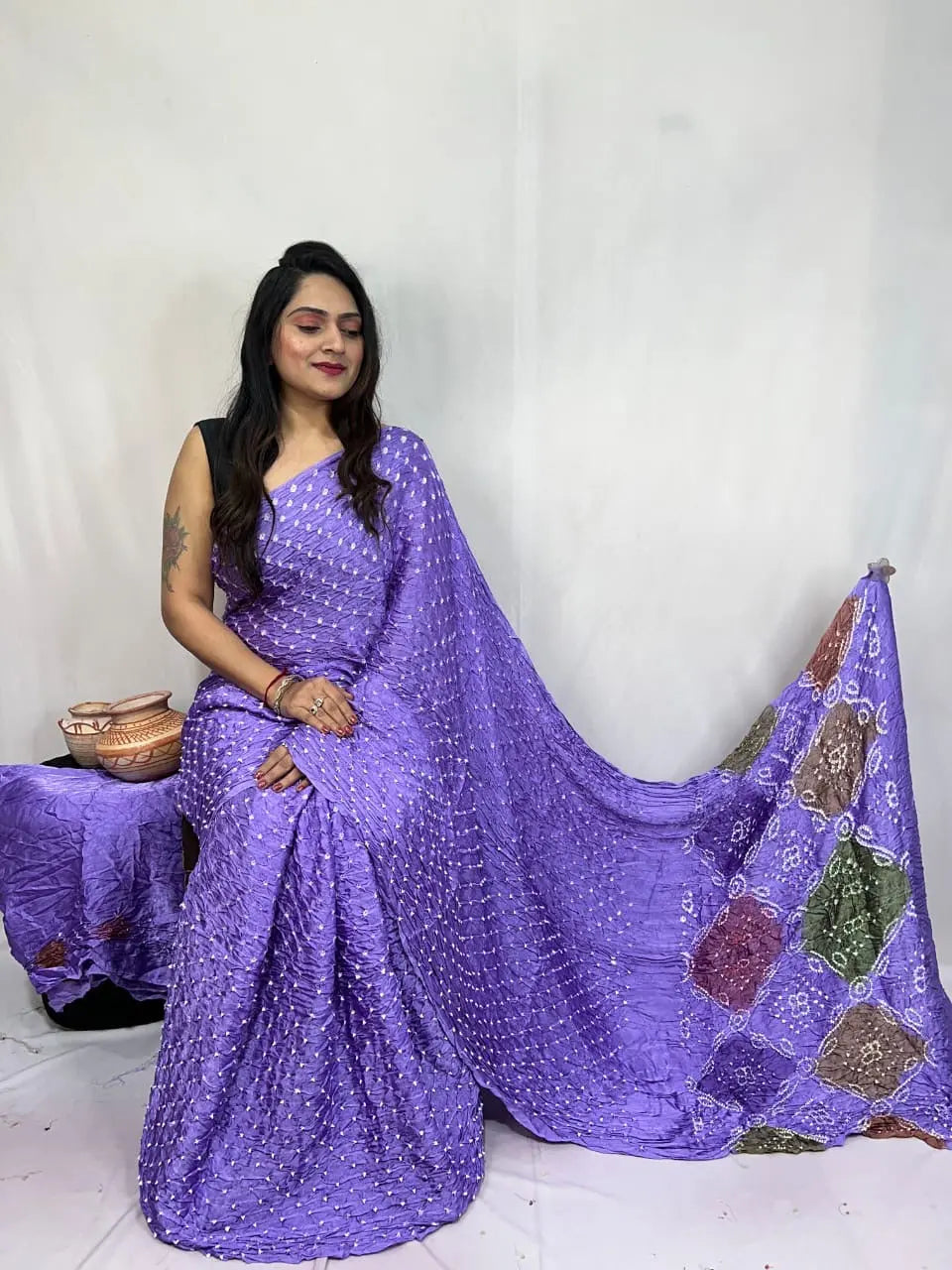 Pure Modal Silk Barik Bandhej Lagdi Pallu Bandhani Saree