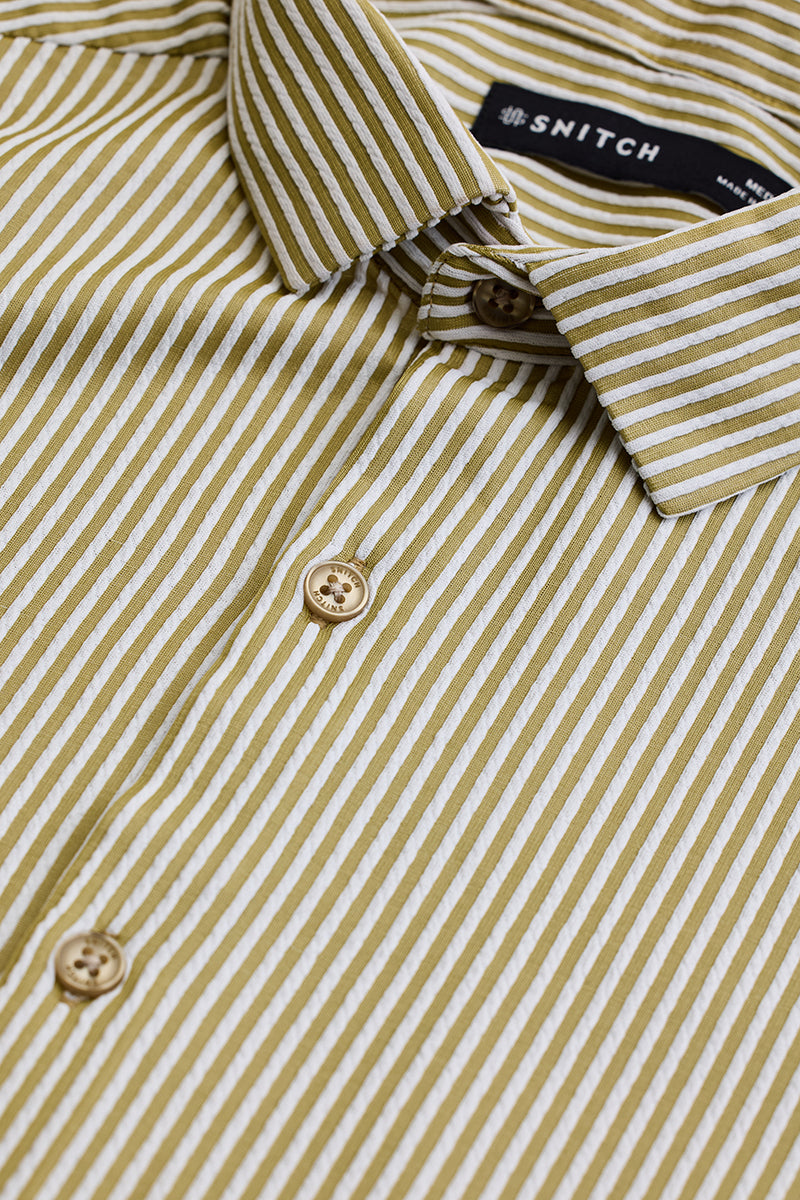 Beige Stripes Slim Fit Stretch Shirt