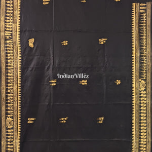 Black Tribal Konark Chakra Hand-Painted Pattachitra Saree