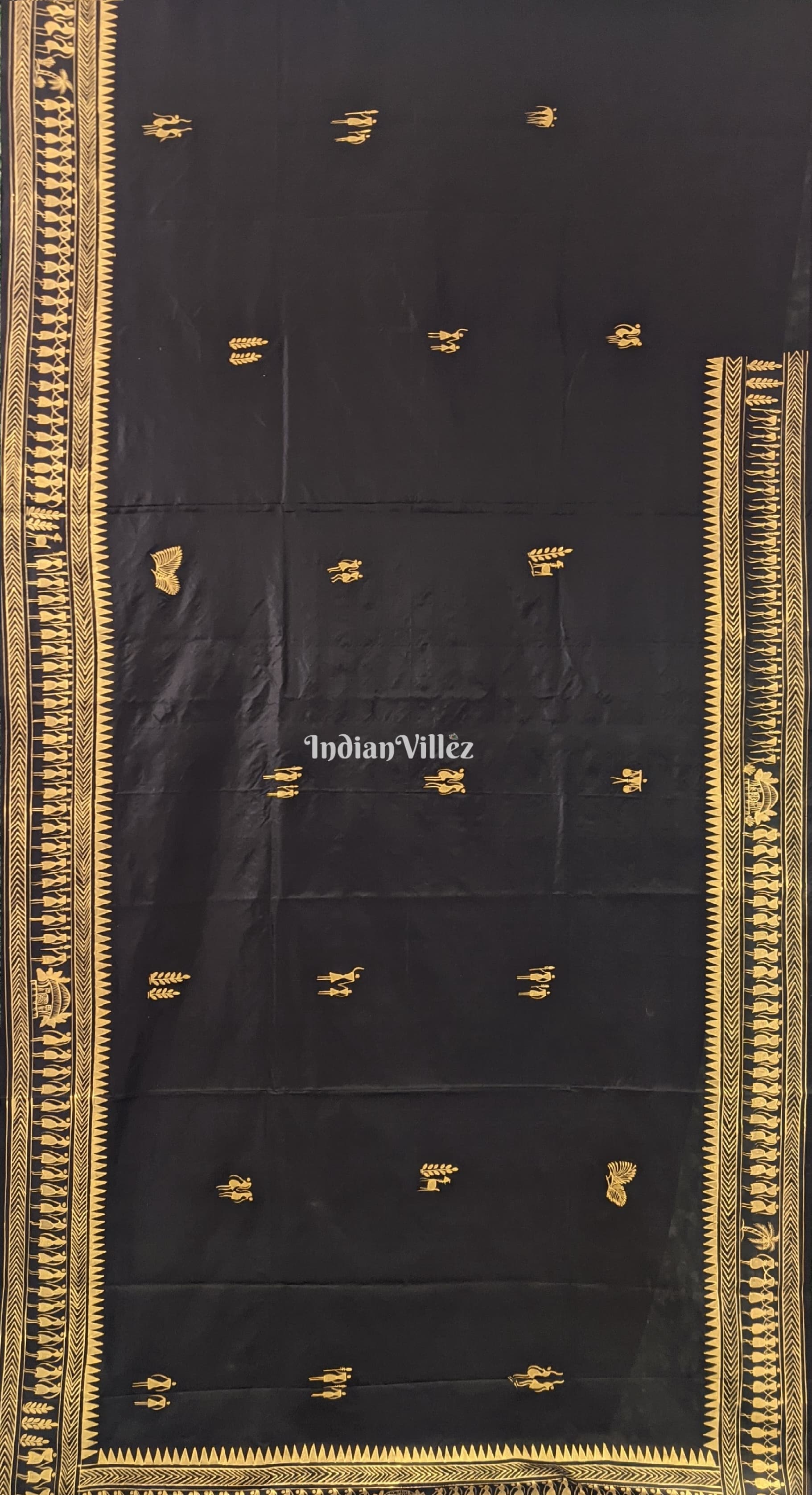 Black Tribal Konark Chakra Hand-Painted Pattachitra Saree