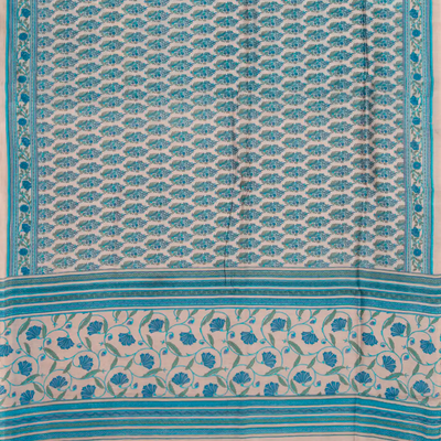 Taupe Handloom Chanderi Cotton Saree With Printed Blue Floral Motif