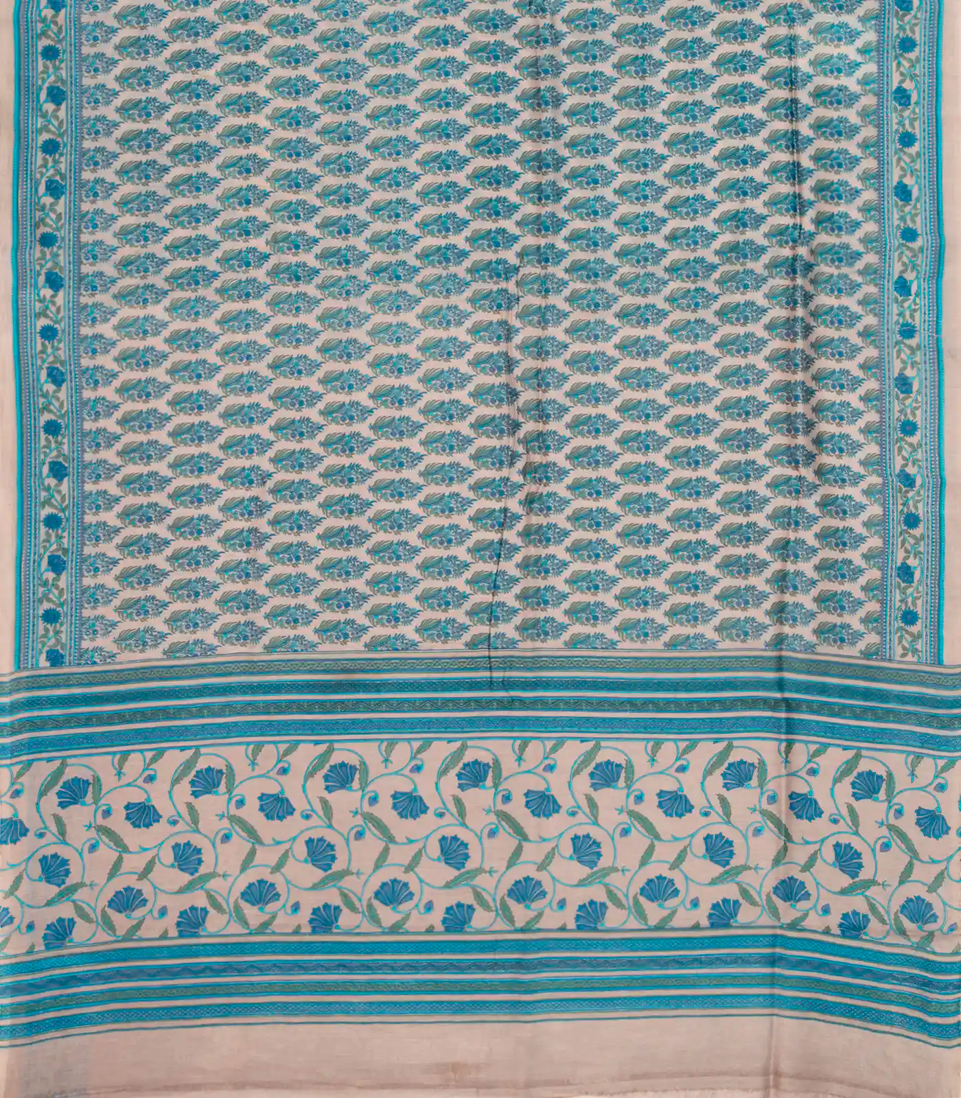 Taupe Handloom Chanderi Cotton Saree With Printed Blue Floral Motif