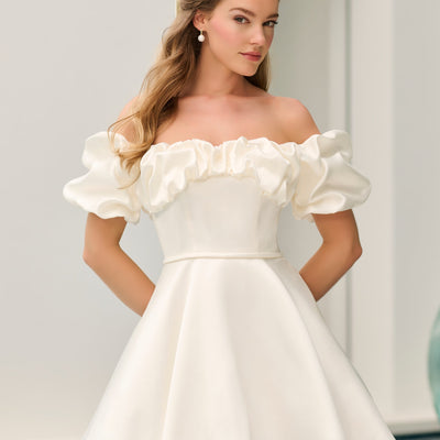 Mikado Short Off Shoulder Bridal Dress by Adrianna Papell 45020