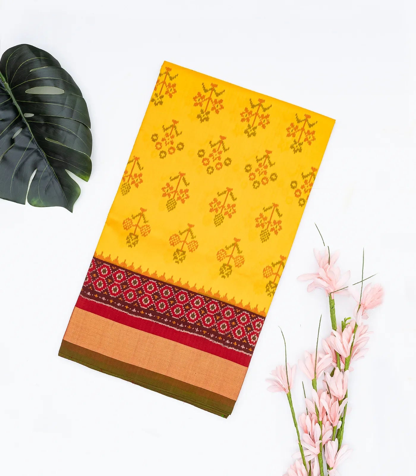 Yellow Handloom Ikat Silk Saree With Floral Motifs