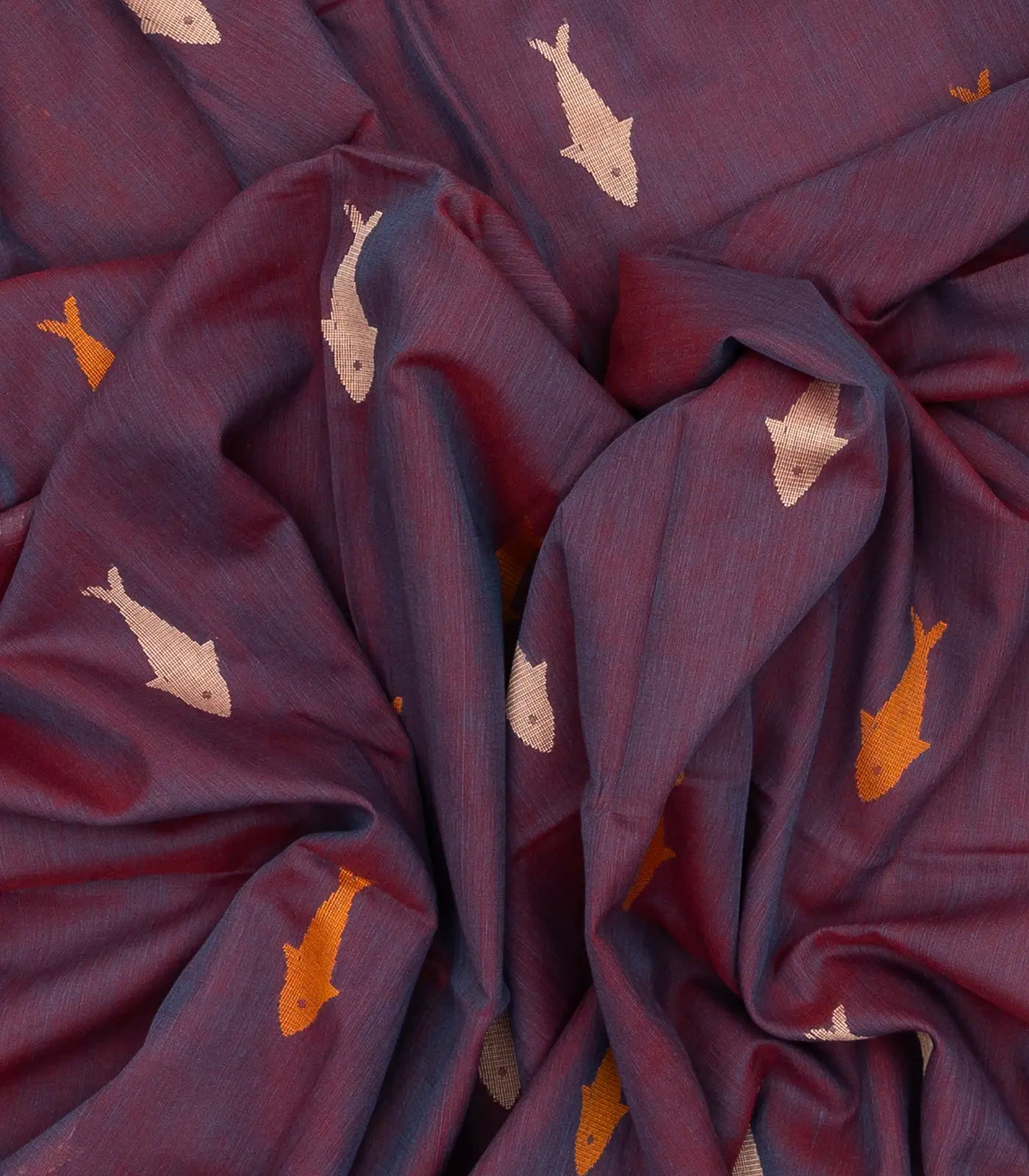 Lilac Handloom Bengal Cotton Saree With Fish Motifs