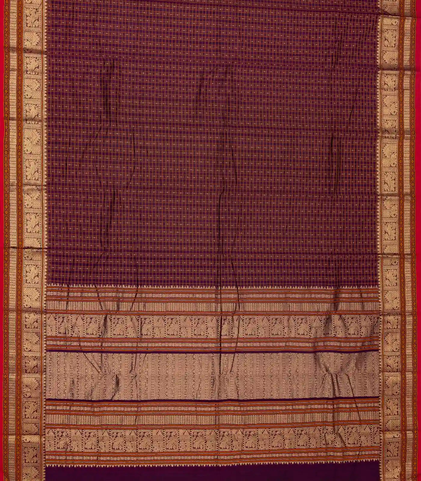 Magenta Handloom Kanchi Cotton Saree With Checks & Diamond Motifs