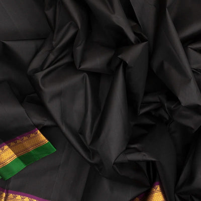 Black Handloom Kanchipuram Silk Saree With Contrast Zari Border