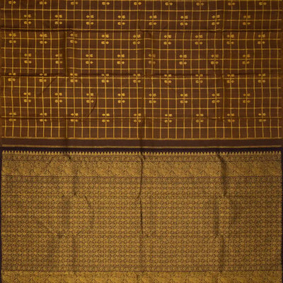 Dark Olive Handloom Kanchipuram Silk Saree With Checks & Buttas