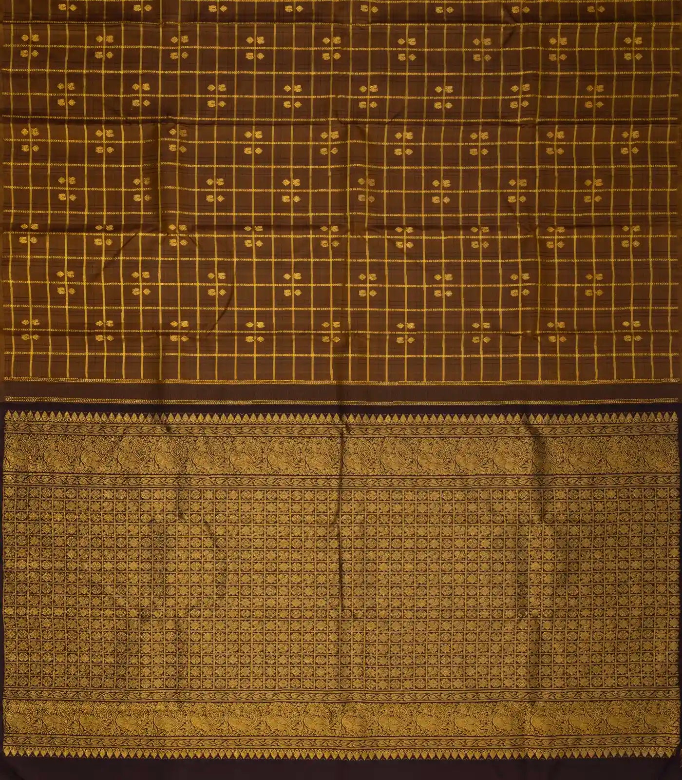 Dark Olive Handloom Kanchipuram Silk Saree With Checks & Buttas