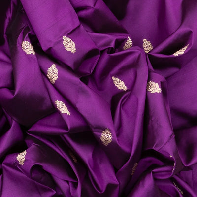 Purple Handloom Banarasi Silk Saree With Floral Buttas & Red Border