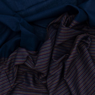 Midnight Blue Handloom Bengal Cotton Saree With Stripes