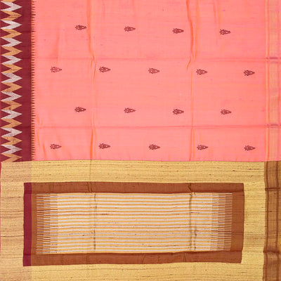 Peach Handwoven Tussar Silk Saree With Floral Motifs-Peach