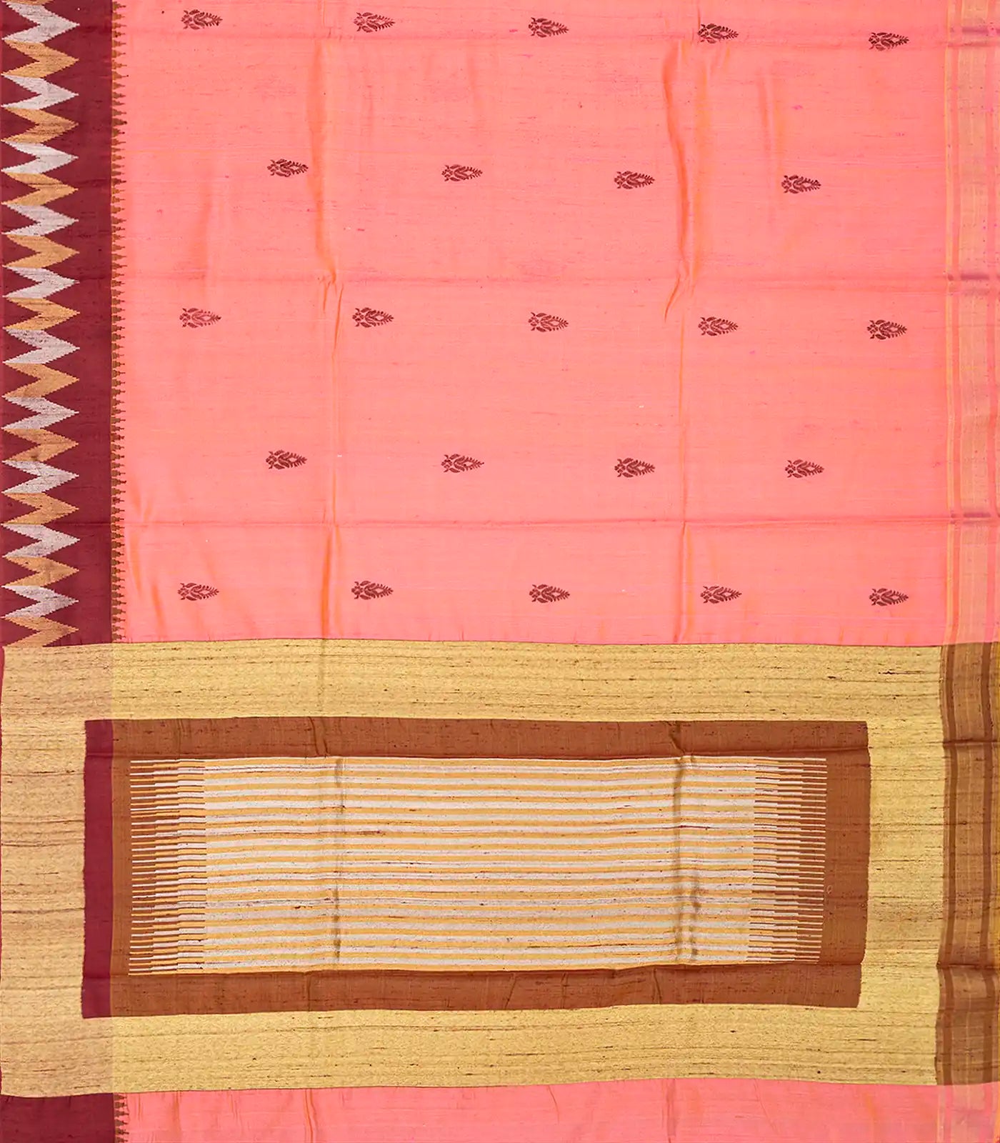 Peach Handwoven Tussar Silk Saree With Floral Motifs-Peach