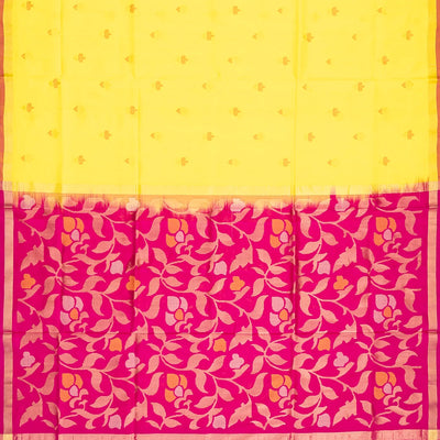 Yellow Handloom Uppada Silk Saree With Floral Buttas & Pink Pallu