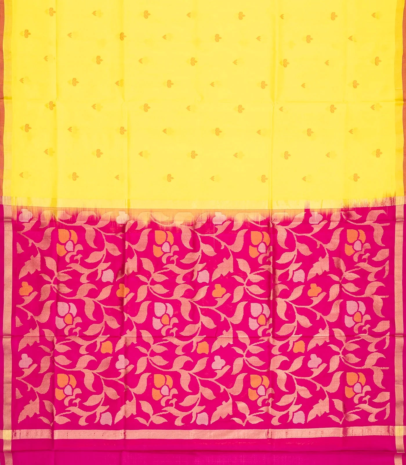Yellow Handloom Uppada Silk Saree With Floral Buttas & Pink Pallu