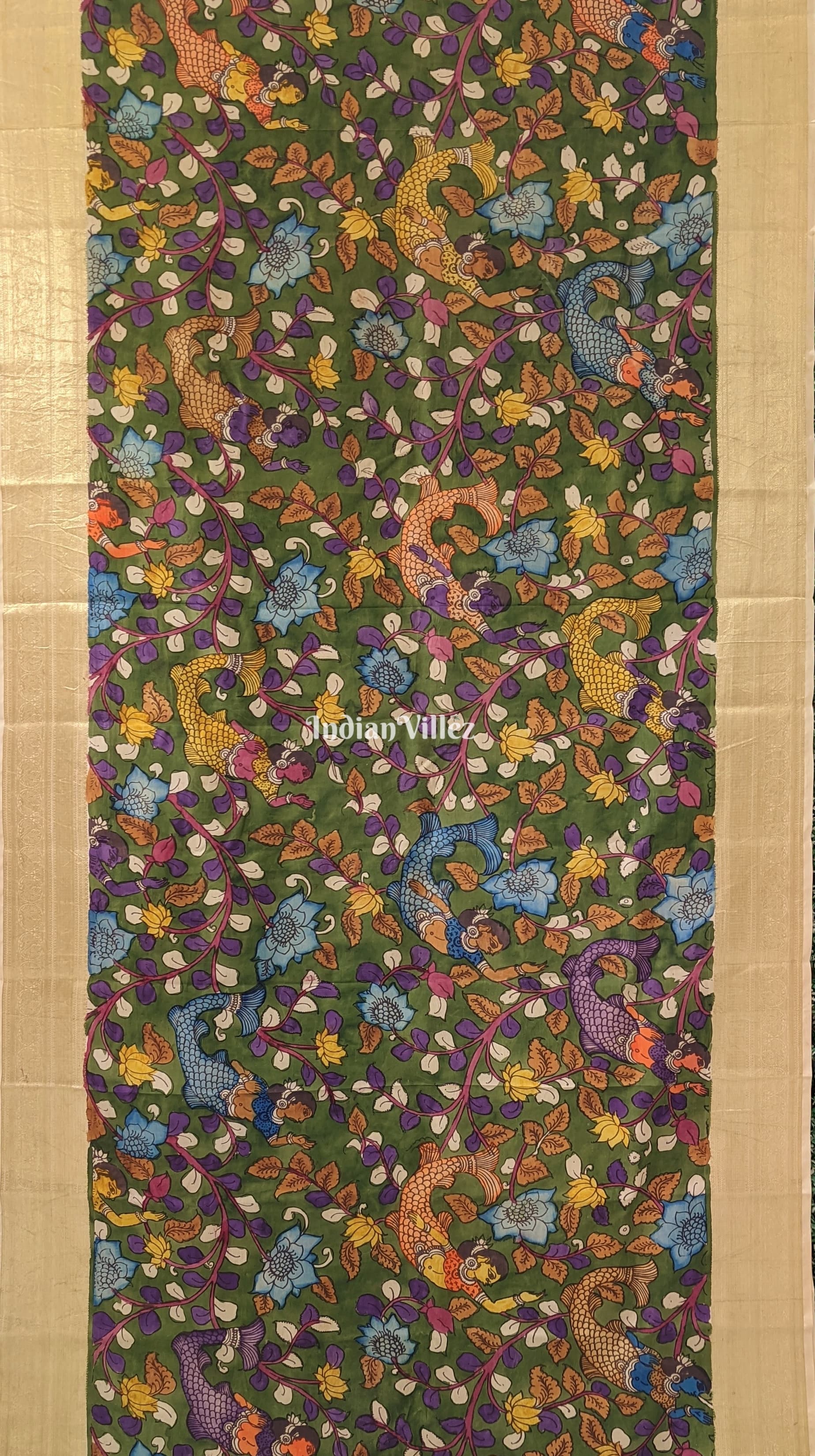 Multicolour Hand Painted Kanjivaram Silk Kalamkari Saree