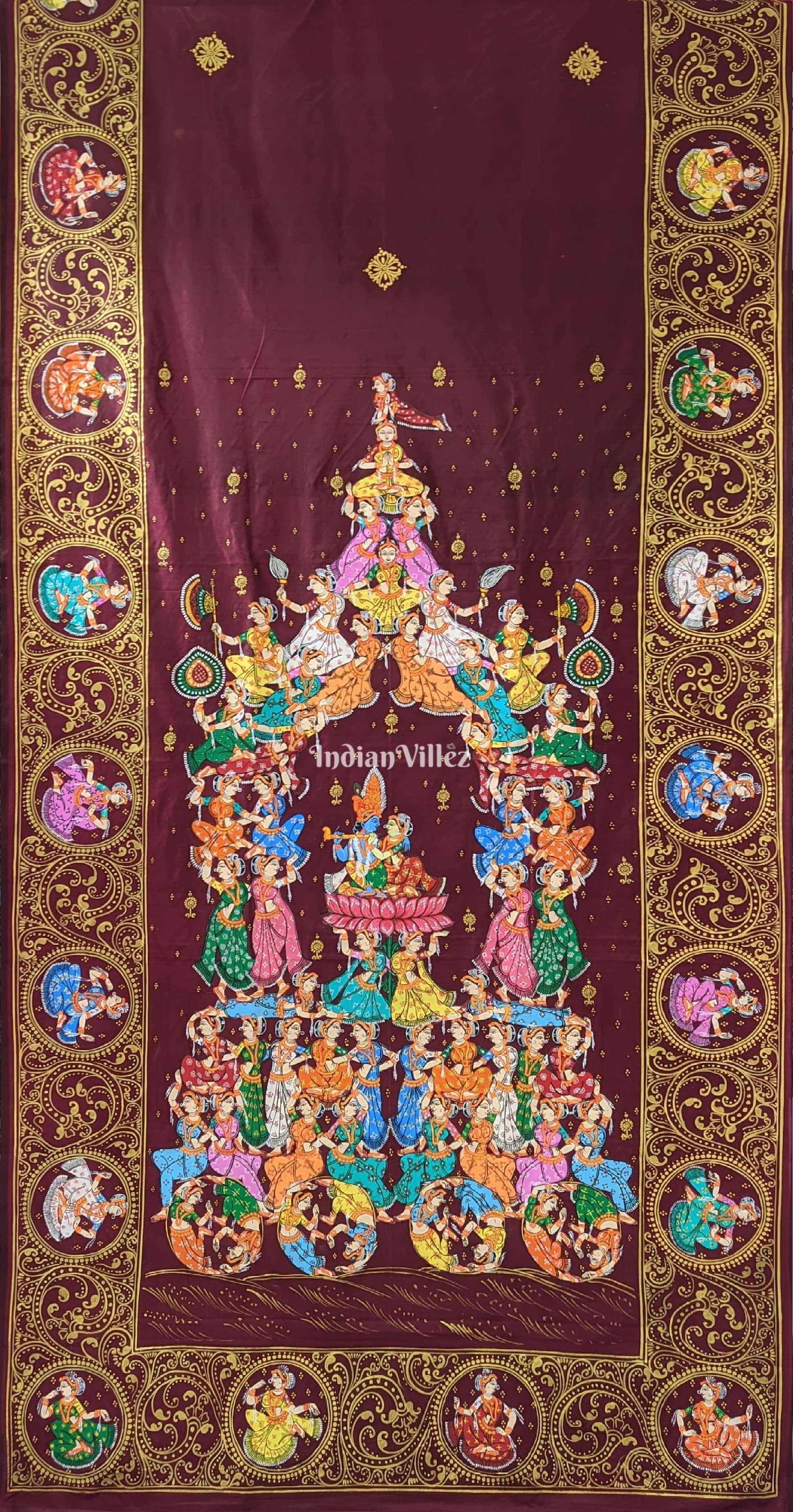 Maroon Kandarpa Rath Hand-painted Pattachitra Saree