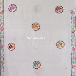 White Radha Krishna Boita Themed Pattachitra Saree