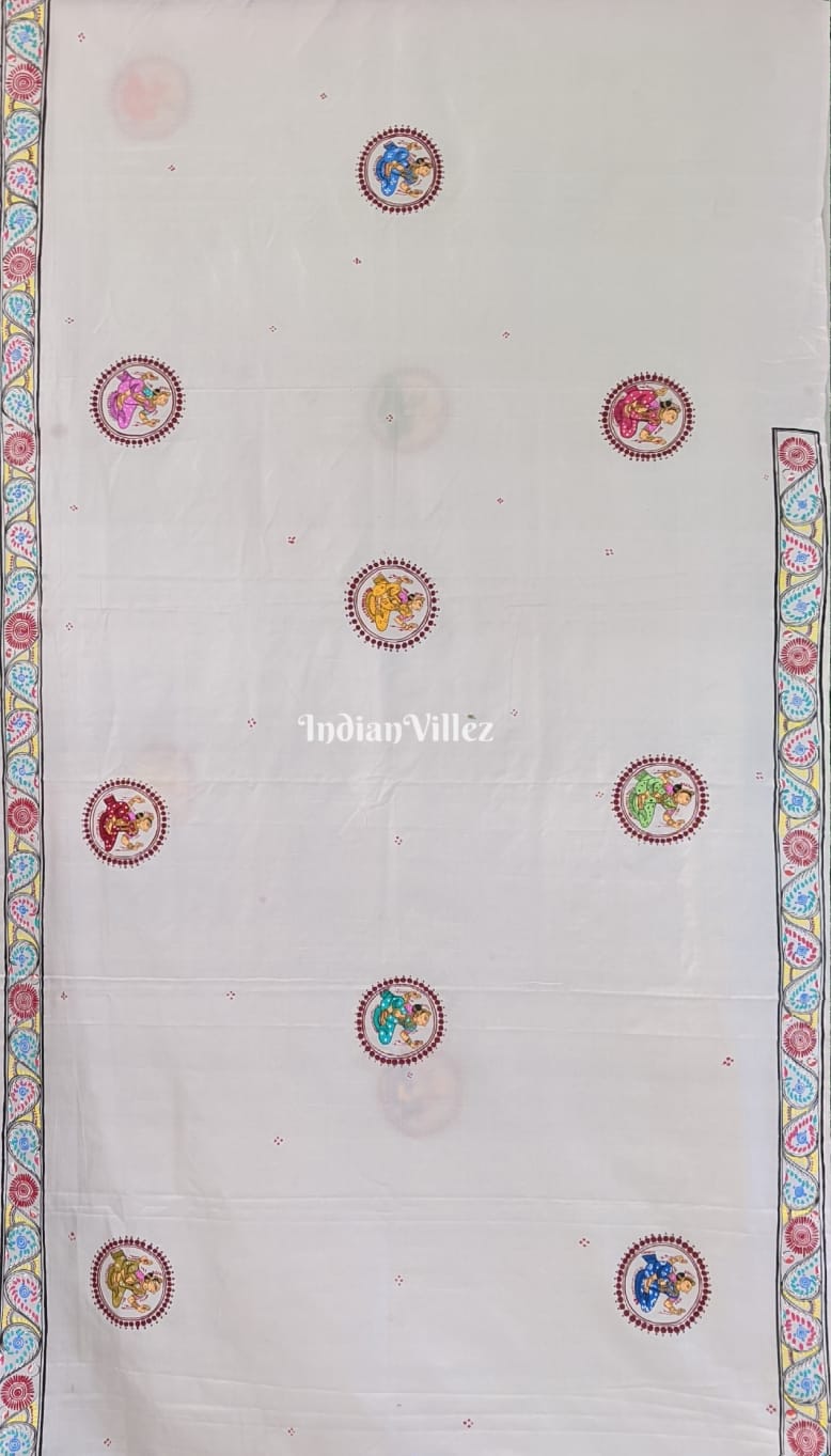 White Radha Krishna Boita Themed Pattachitra Saree