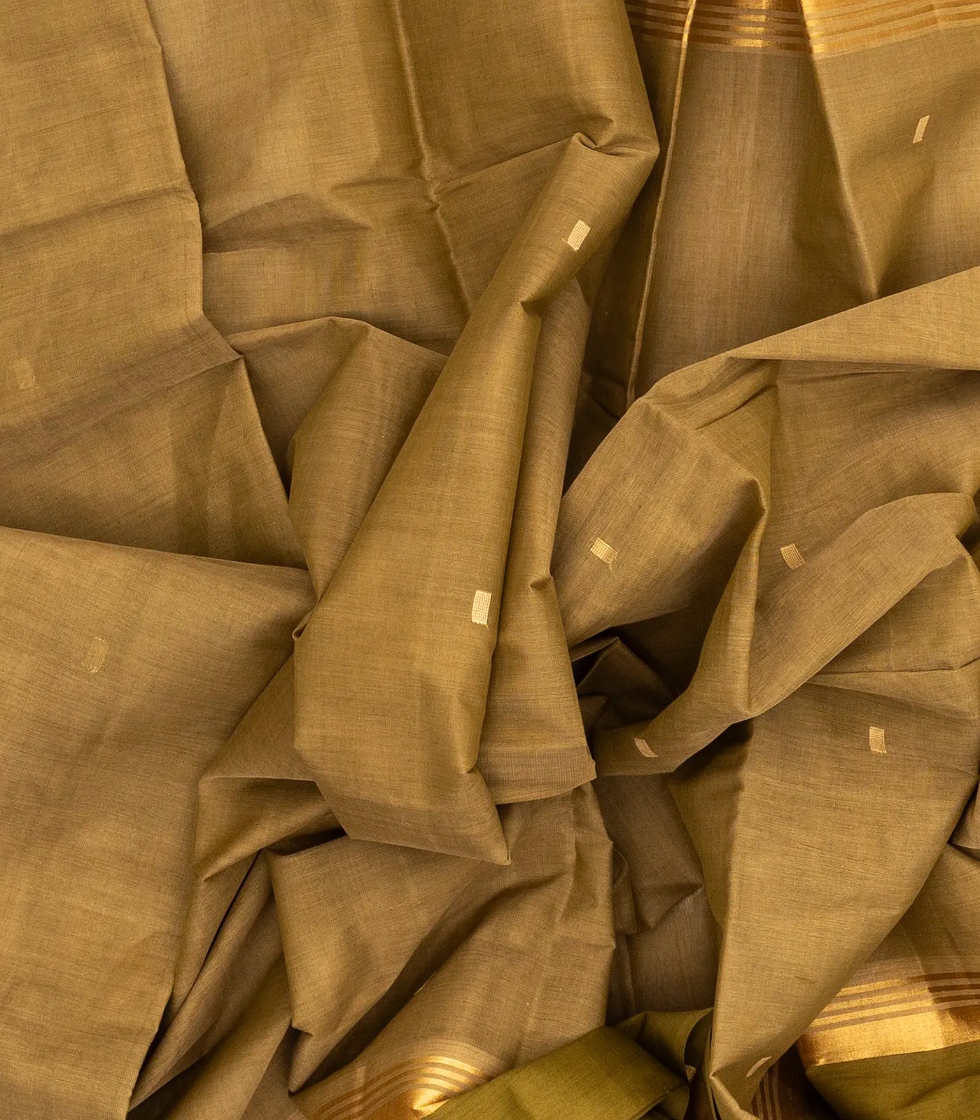 Taupe Handloom Village Cotton Saree With Square Buttas