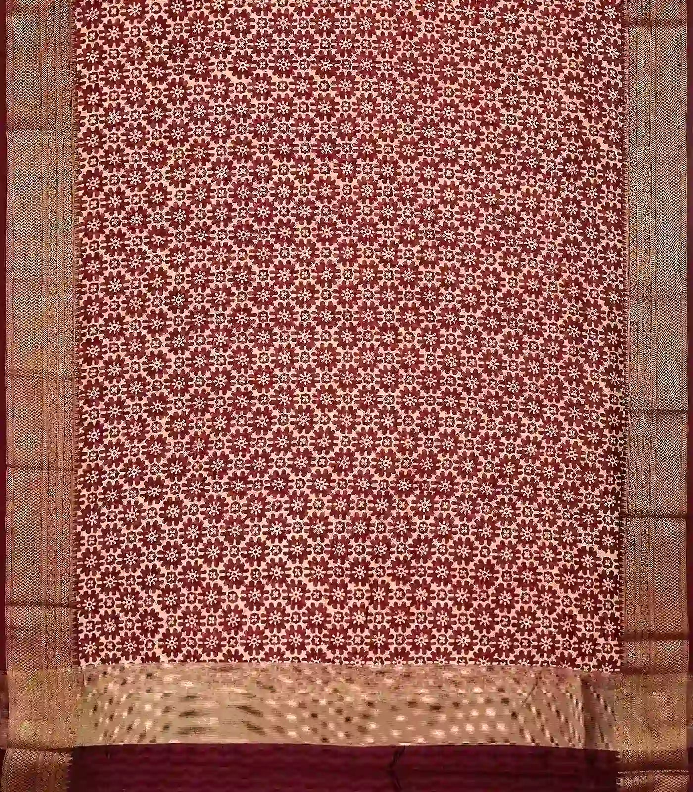 Maroon Woven Chanderi Printed Cotton Saree With Floral Jaal