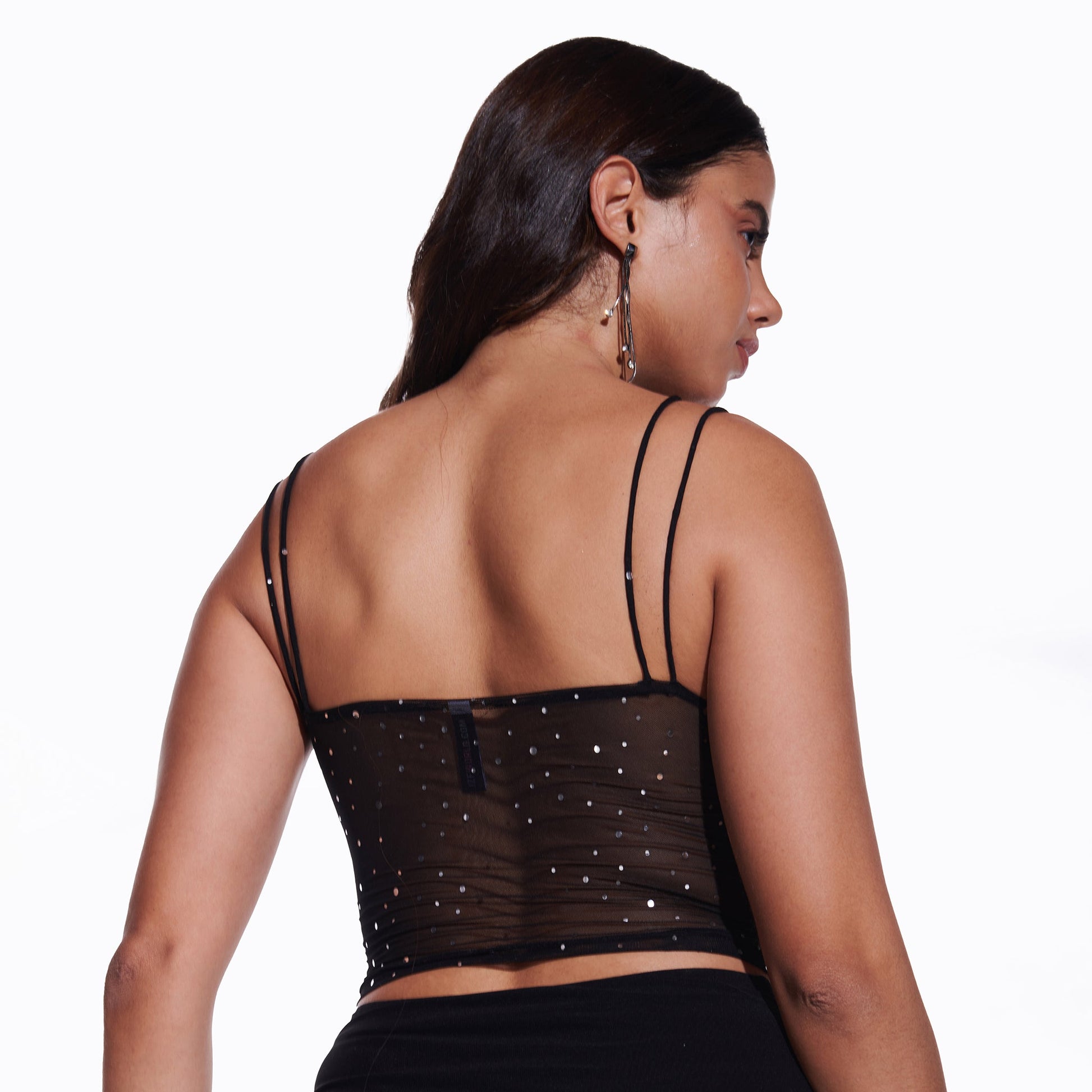 Sequin mesh top & Black Parachute pant