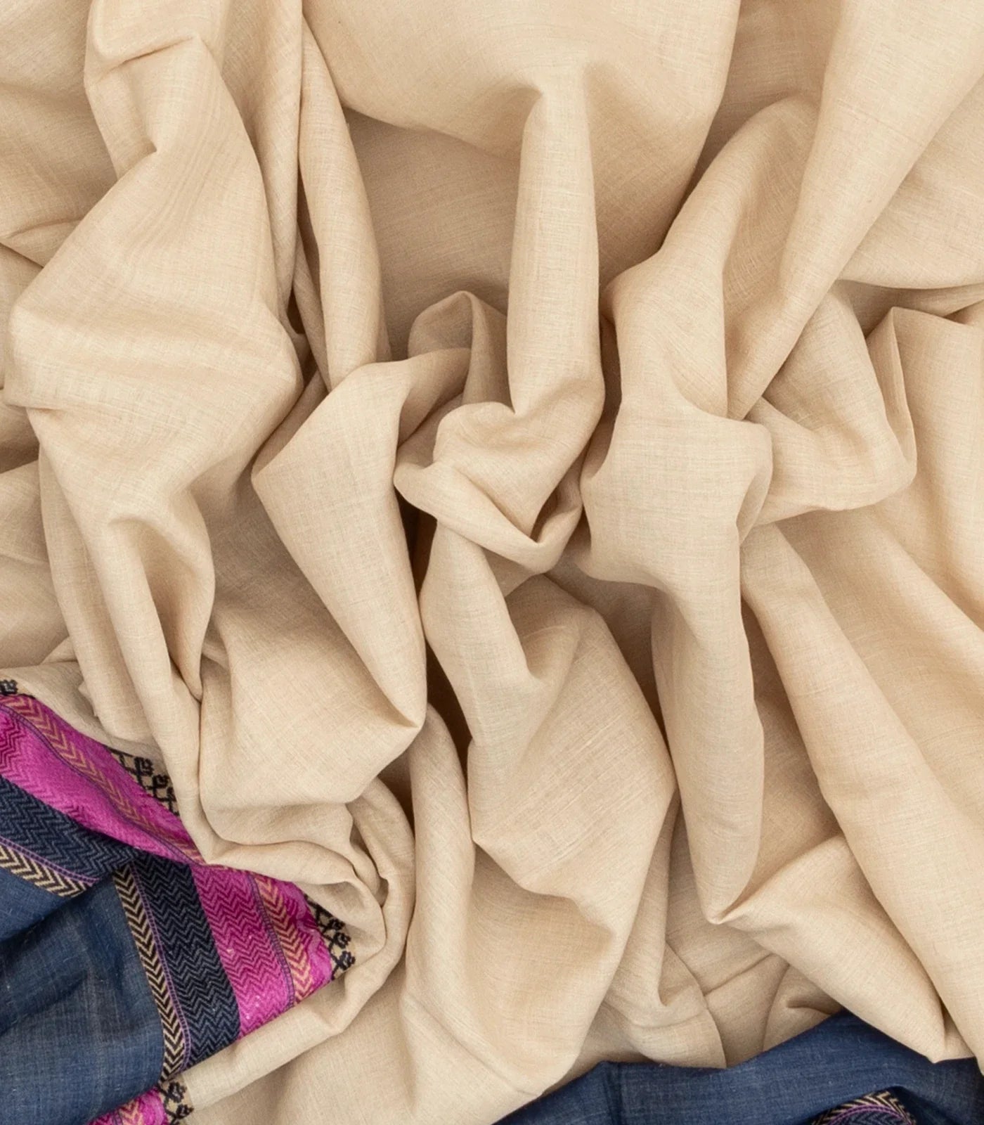 Taupe Bengal Cotton Saree With Navy Blue Border