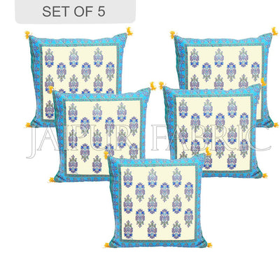 Cream Base with Cyan Border Rajasthani Kalash Design Cotton Cushion Cover