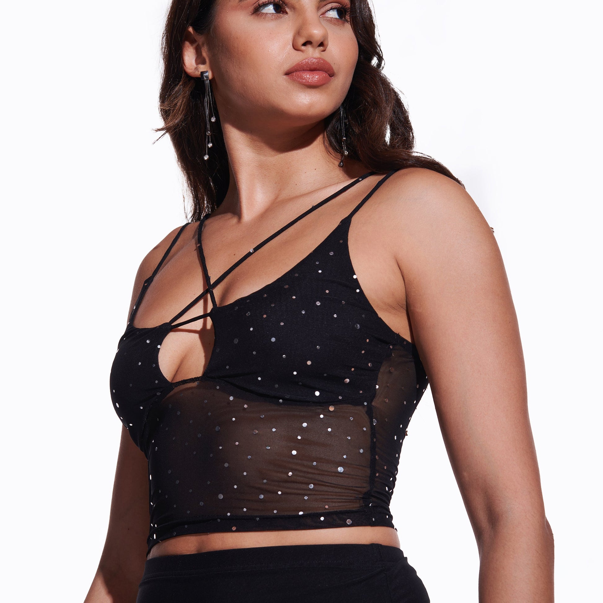 Sequin Mesh top and White parachute pant