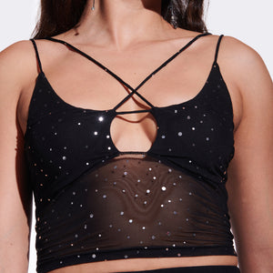 Sequin Mesh top and Black parachute pant