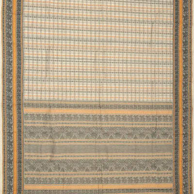 Off White Handloom Kanchi Cotton Saree With Checks & Kamalam Motifs.