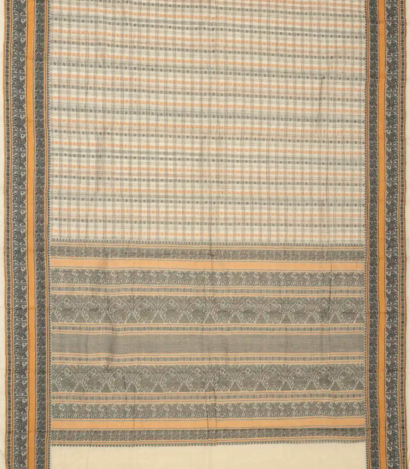 Off White Handloom Kanchi Cotton Saree With Checks & Kamalam Motifs.