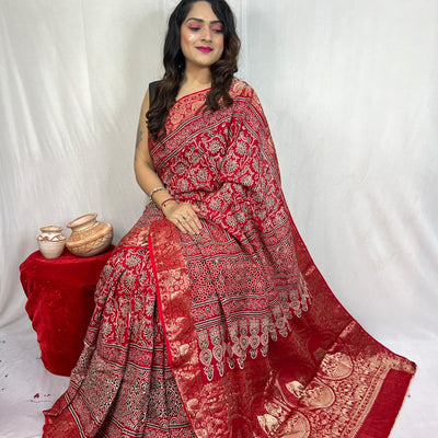 Dola Silk Original Handblocked  Ajrakh work Saree