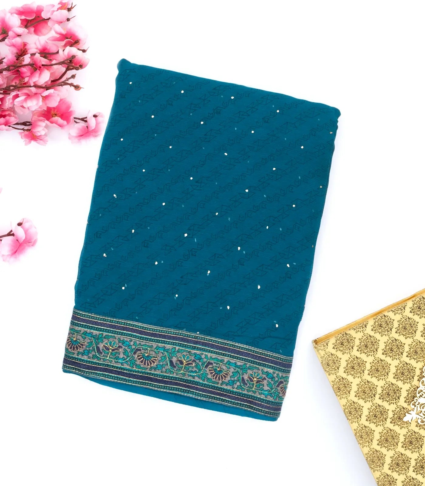 Blue Handwoven Banarasi Georgette Silk Saree With Embroidered Floral Motifs