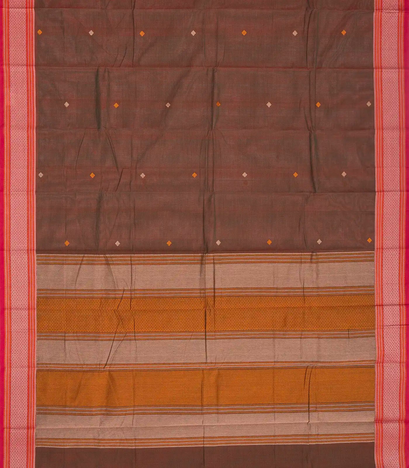 Brown Handloom Kanchi Cotton Saree With Diamond Motifs