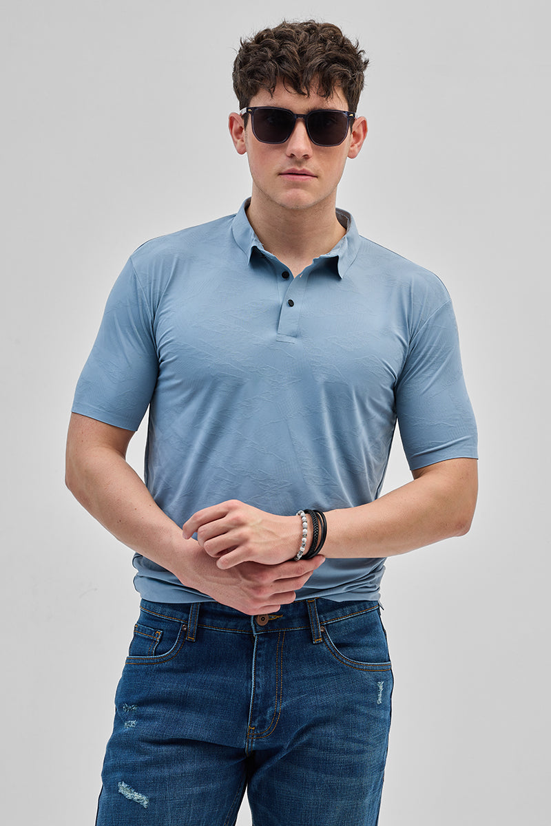 Blue Textured Stitchless Polo T-Shirt