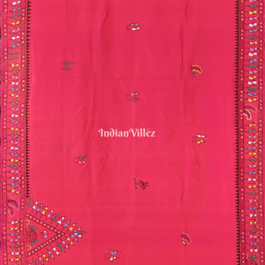 Rani Pink Tribal Themed Hand-Painted Pattachitra Saree
