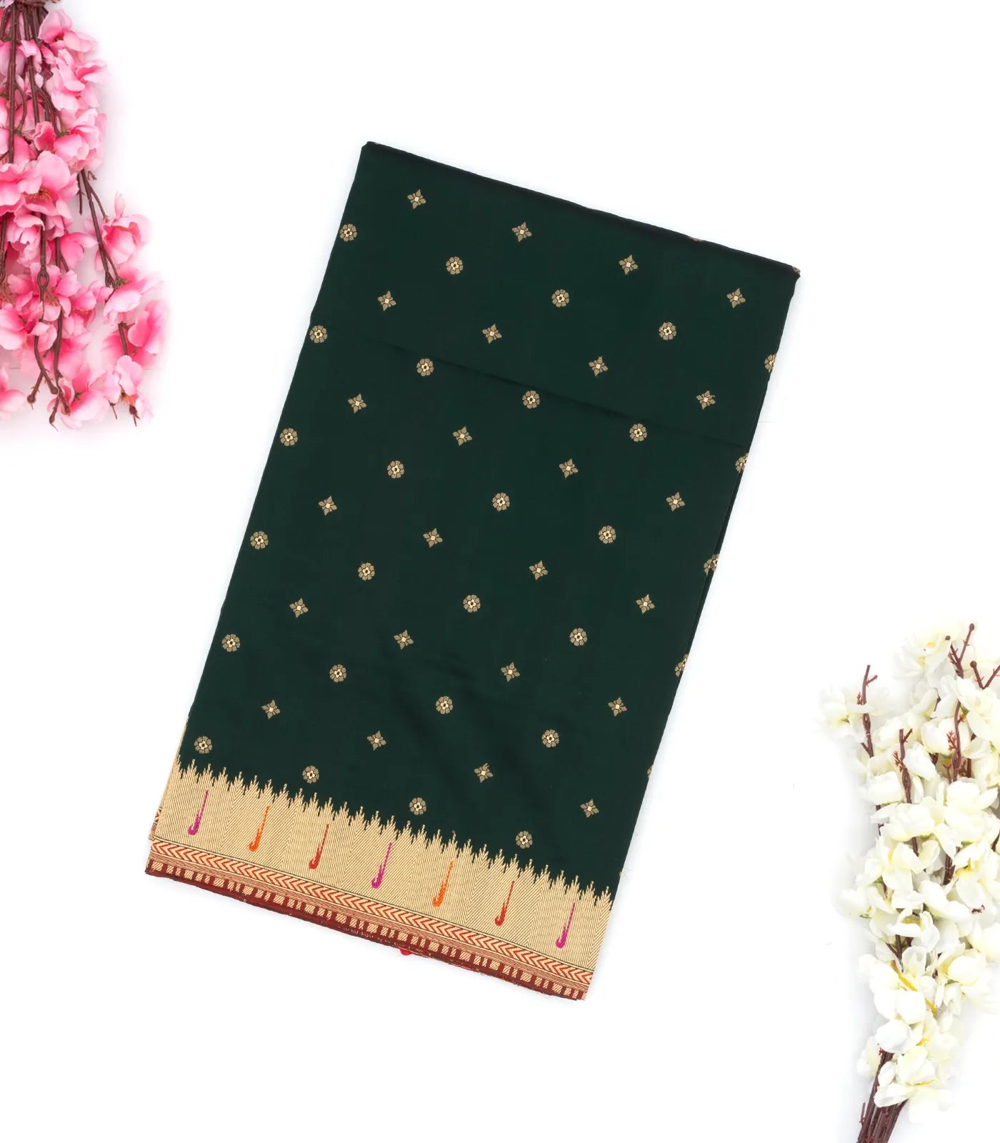 Bottle Green Handwoven Banarasi Silk Saree With Floral Buttas