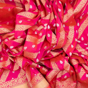 Pink Handwoven Banarasi Silk Saree With Diagonal Floral Motifs