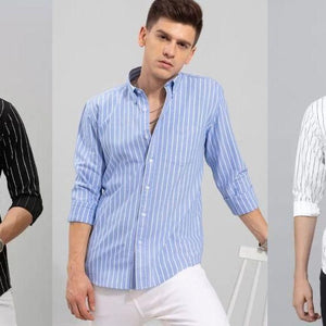 Men Regular Fit Striped Casual Shirts (Combo of 3 - Black, Blue & White)