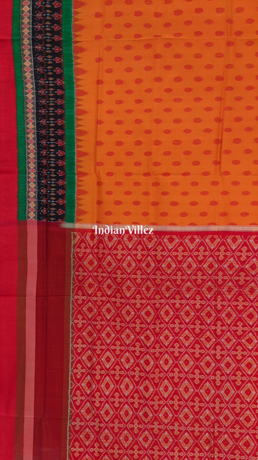 Tangerine Geometric Ikat Border Sambalpuri Silk Saree