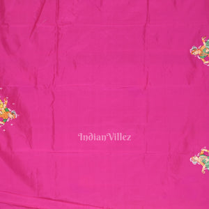 Green Pink Radha Krishna Hand-Painted Pattachitra Saree