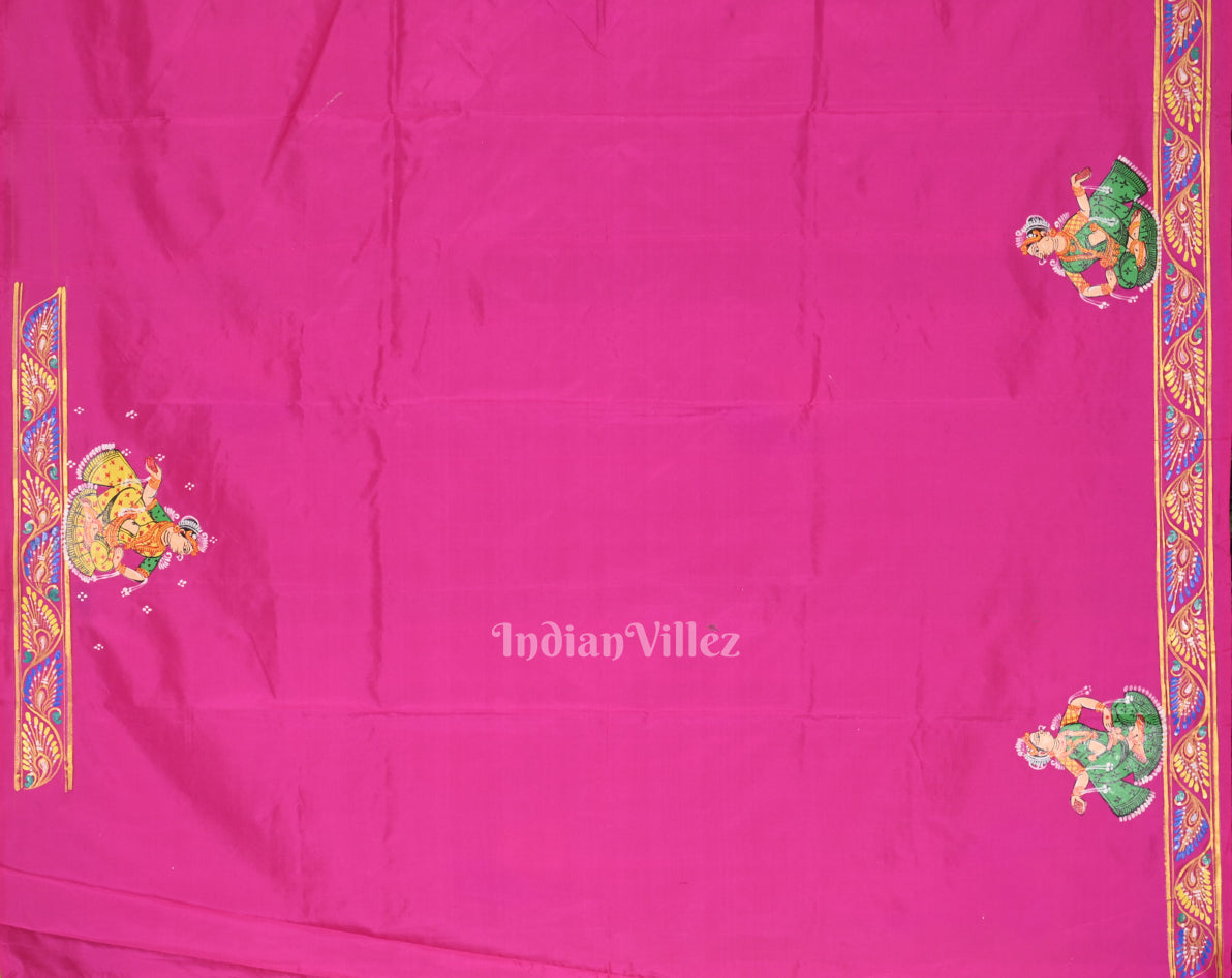 Green Pink Radha Krishna Hand-Painted Pattachitra Saree